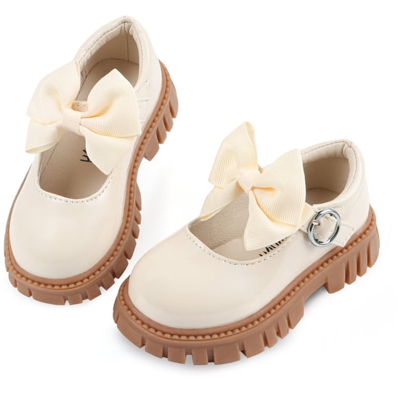 Zapatos escolares Wulubaba para niñas estilo Mary Jane con lazo color crema