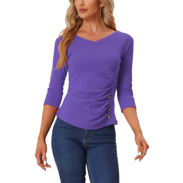 INSPIRE CHIC Blusa Fruncida con Botones Decorativos en el Escote en V de Manga 3/4 para Mujer, Top de Punto Sólido Violeta S para el Regreso a Clases