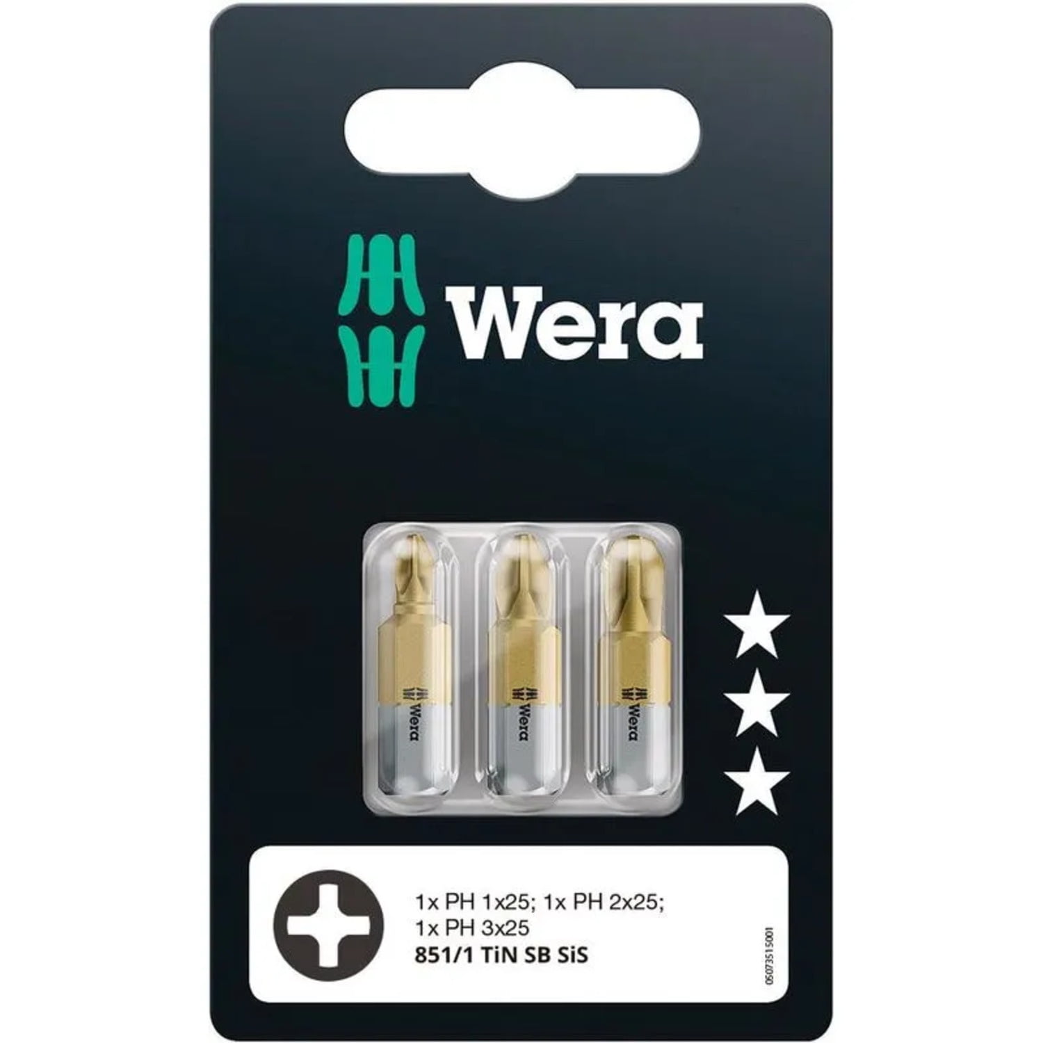 Wera - Set 3 Puntas Phillips Tin Ph1 / Ph2 / Ph3 X 25 Mm