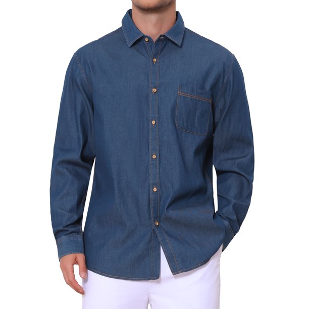 Camisa de mezclilla para exteriores de manga larga con bolsillo en el pecho para hombre, S, azul oscuro