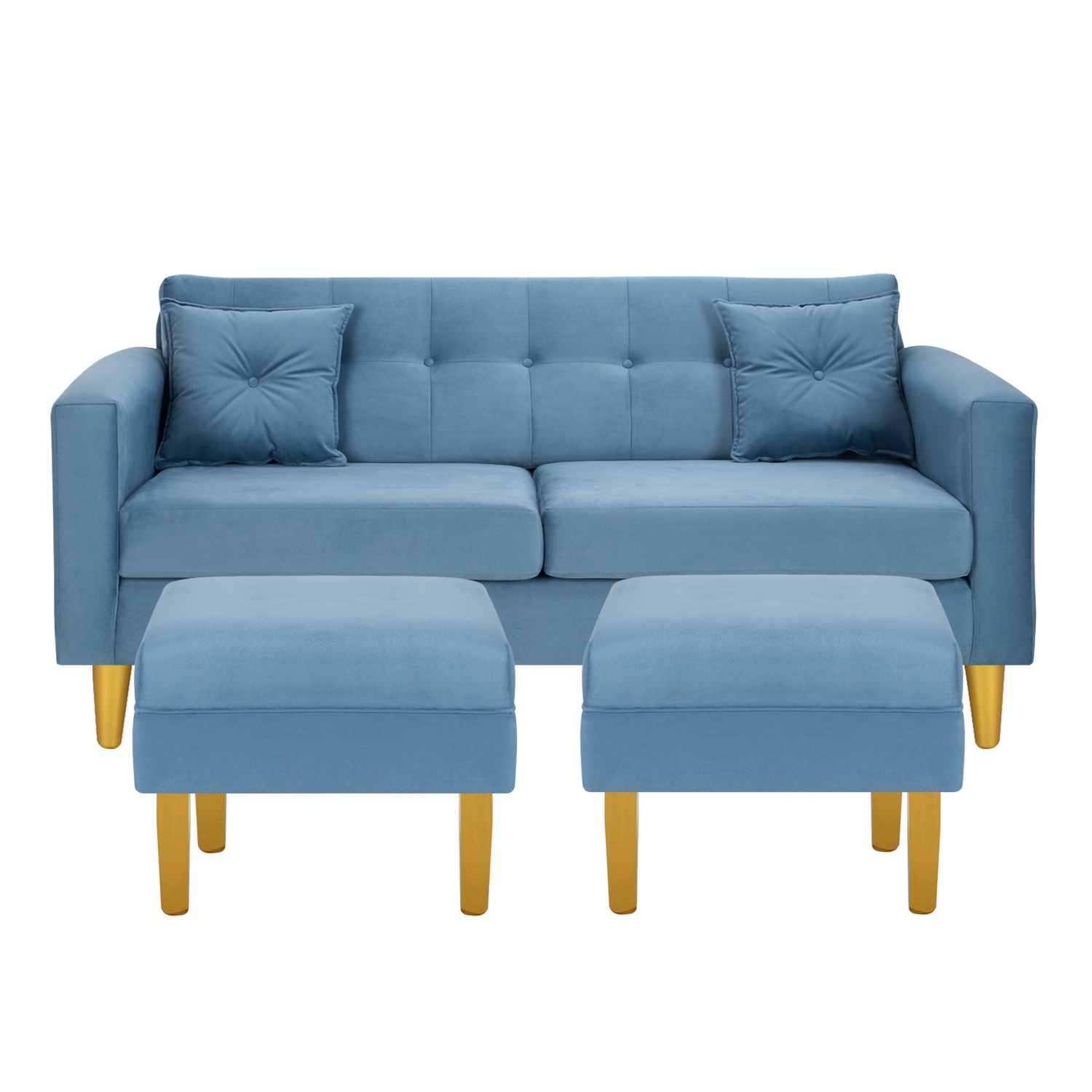 Bodevir - Sofa New Retro 3C + 2 Pouf Felpa 01 Azul Petroleo