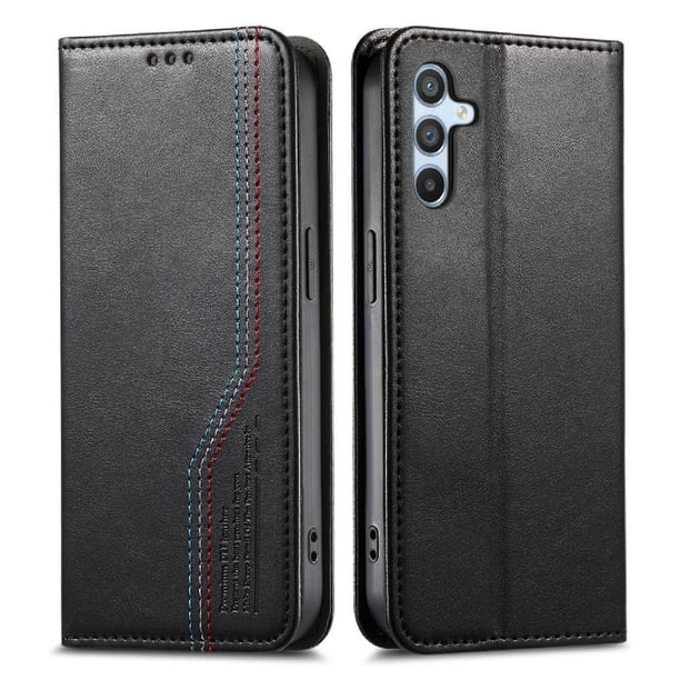 Funda tipo cartera para Samsung Galaxy A54 de piel con cierre magnético, ranuras para tarjetas y correa para la muñeca Negro
