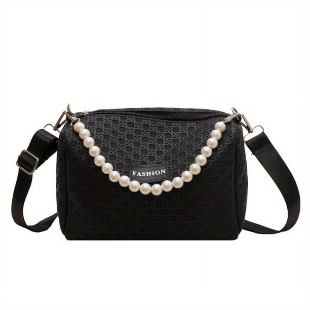 Fashion Embossed Handbag With Faux Pearl Handle, Small Solid Color Crossbody Bag, Faux Leather Shoulder Purse For Women