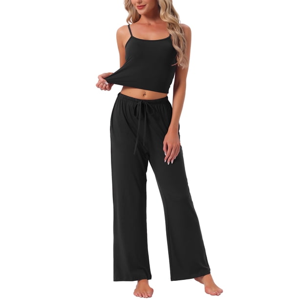 Conjunto de Pijama de Punto de Jersey para Mujer INSPIRE CHIC Regreso a Clases Cami Ajustable y Pantalones de Pierna Ancha con Bolsillos S Negro