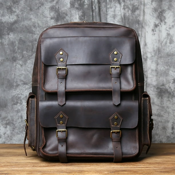 NZPJ Retro Crazy Horse Men's Backpack Large Capacity Genuine Leather Backpack Natural Cowhide Travel Bag For 17 Inch Laptop