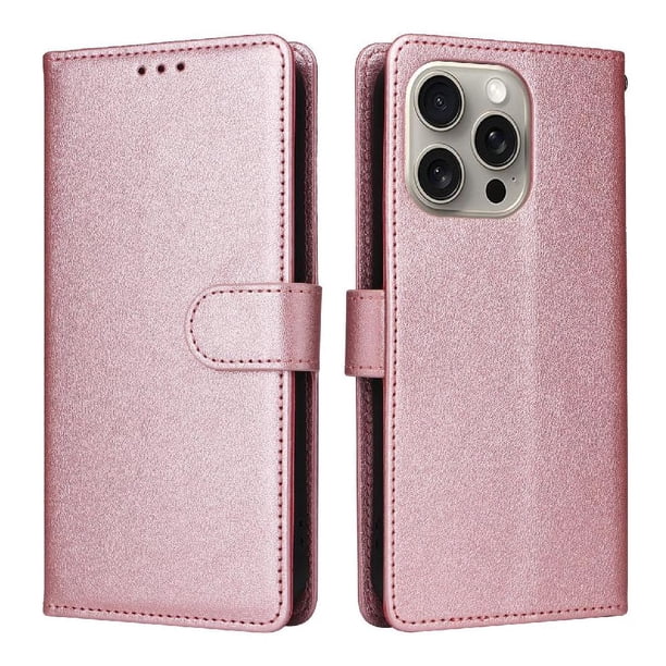 Funda Cartera para iPhone 15 Pro Max con Tarjetero, Soporte y Cordón - Protección Oro rosa