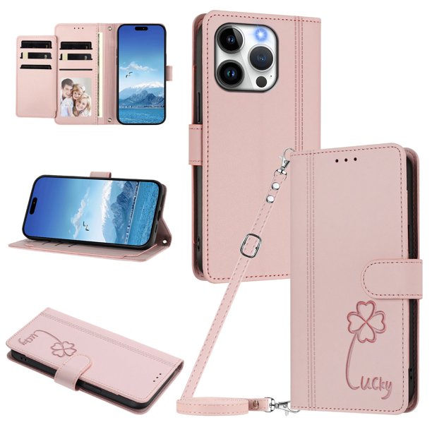 Funda Cartera Trébol para iPhone 16 Pro Max con Ranuras Tarjetas y Carga Inalámbrica Rosa