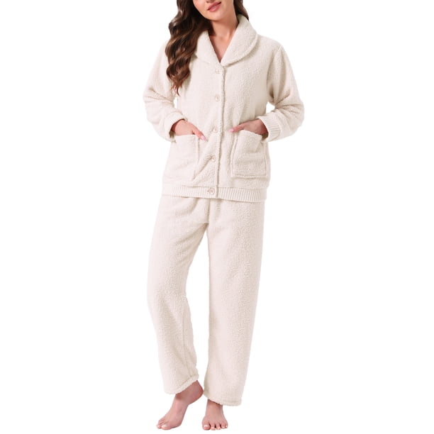 INSPIRE CHIC Pijamas de Forro Polar para Mujer Invierno con Botones Conjunto de Pijamas Esponjosos Suaves y Cálidos con Bolsillos M Blanco