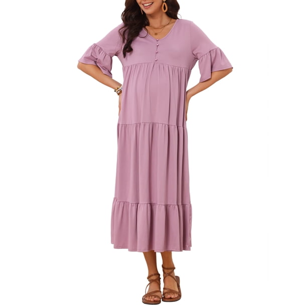 INSPIRE CHIC Vestido Maxi de Maternidad para Mujeres, Mangas Cortas, Cuello en V, Manga con Volantes para Sesión de Fotos, M Rosa