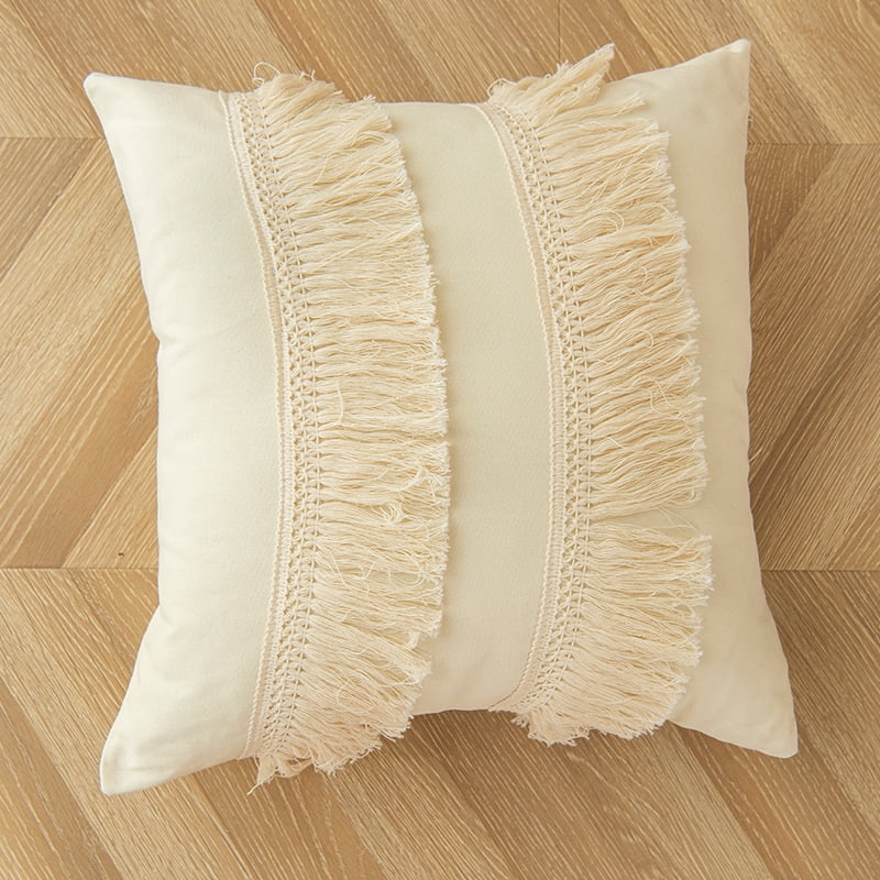 Xmhytop Almohada Decorativa Bohemia 17.7x17.7 Pulgadas, Tejida Con Borlas, Color Crema Y Blanco, Minimalista Neutral, Para Sofá (con Relleno), C