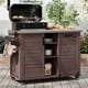 thumbnail image 2 of K&K 78.3" Outdoor Kitchen Island with Foldable Grill Table, Wooden Outdoor Grill Cart with Trash Can Storage & Stainless Steel Top, Outdoor Bar Cart, Pizza Oven Table for Lawn & Garden, Dark Brown, 2 of 3