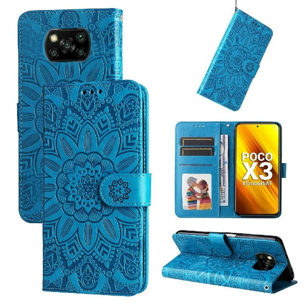 Funda tipo cartera FOXDOCK para Xiaomi Poco X3 NFC , diseño girasol en relieve, cuero PU, cierre magnético, soporte y tarjetero