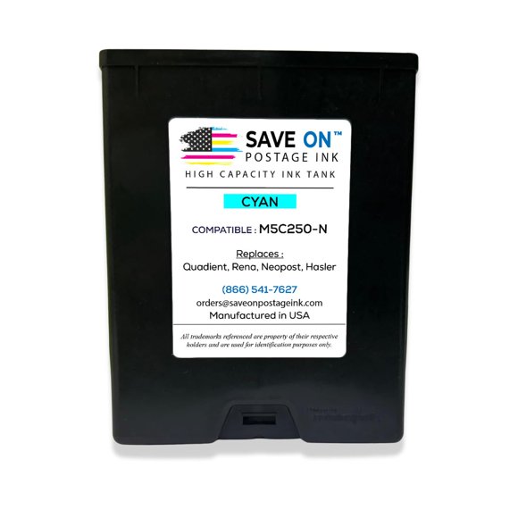 Cartucho de tinta cian M5C250-N de alta capacidad para impresoras de franqueo Save On Postage Ink, 250 ml