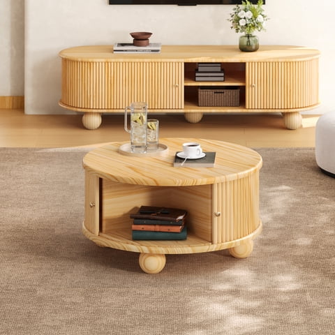 M&Ms - Round Fluted Coffee Table With Storage, Pine Solid Wood, Sliding Door, Natural, 31.8""