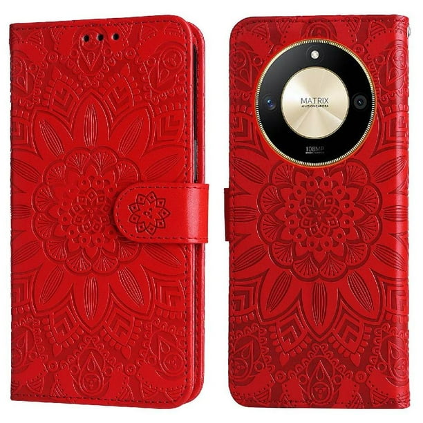 Funda tipo cartera FOXDOCK para Honor X50 , diseño girasol en relieve, cuero PU, cierre magnético, soporte y tarjetero