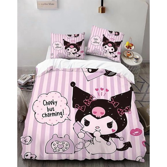 Cartoo-n Bunn-y 3-Piece Bed- Set Warm- and- Comfort Kawaii Bedd-ing Set C-ute Soft Microfib-er Bedc-loths for -Boys Girls Kids -Twin