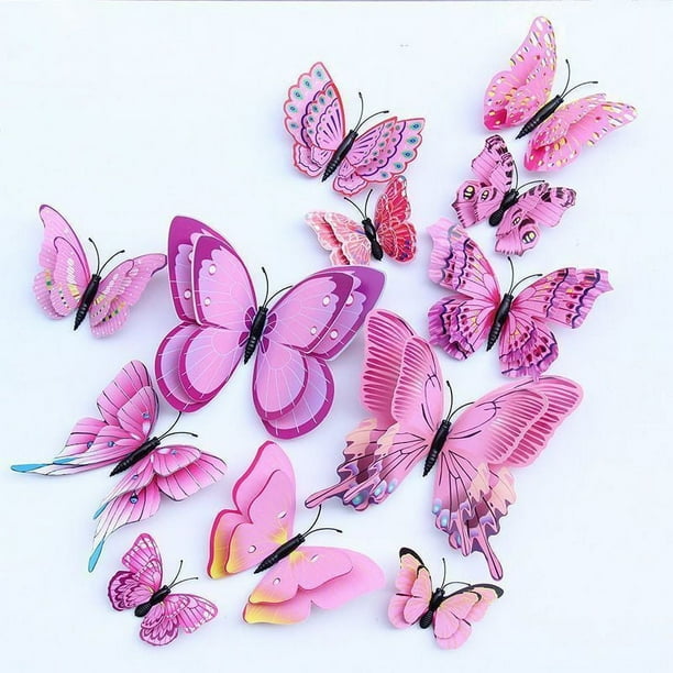 12pcs 3d Three-dimensional Double-layer Simulation Butterfly Stickers, Creative Simulation Butterfly Refrigerator Self-adhesive Sticker Magnet With Glue Sticker, Wardrobe Sticker