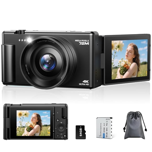 Cámara digital CAMWORLD 4K 72MP con tarjeta SD de 64GB y batería