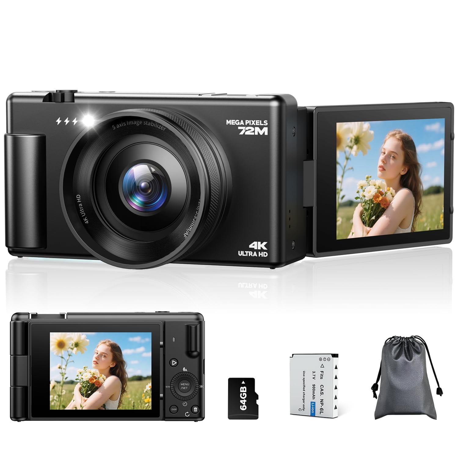 Cámara Digital Camworld 4k 72mp Con Tarjeta Sd De 64gb Y Batería