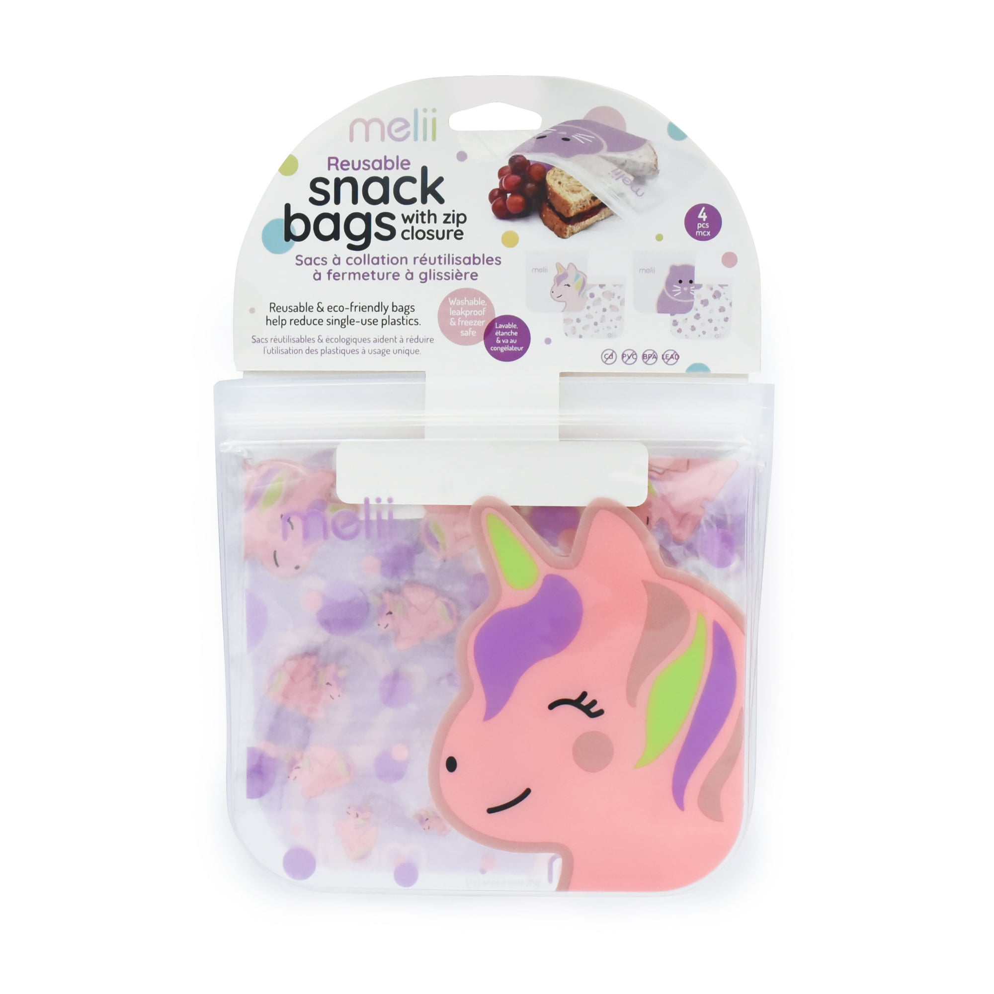 Melii - Pack De 4 Bolsas Reutilizables Para Snacks Gato-unicornio