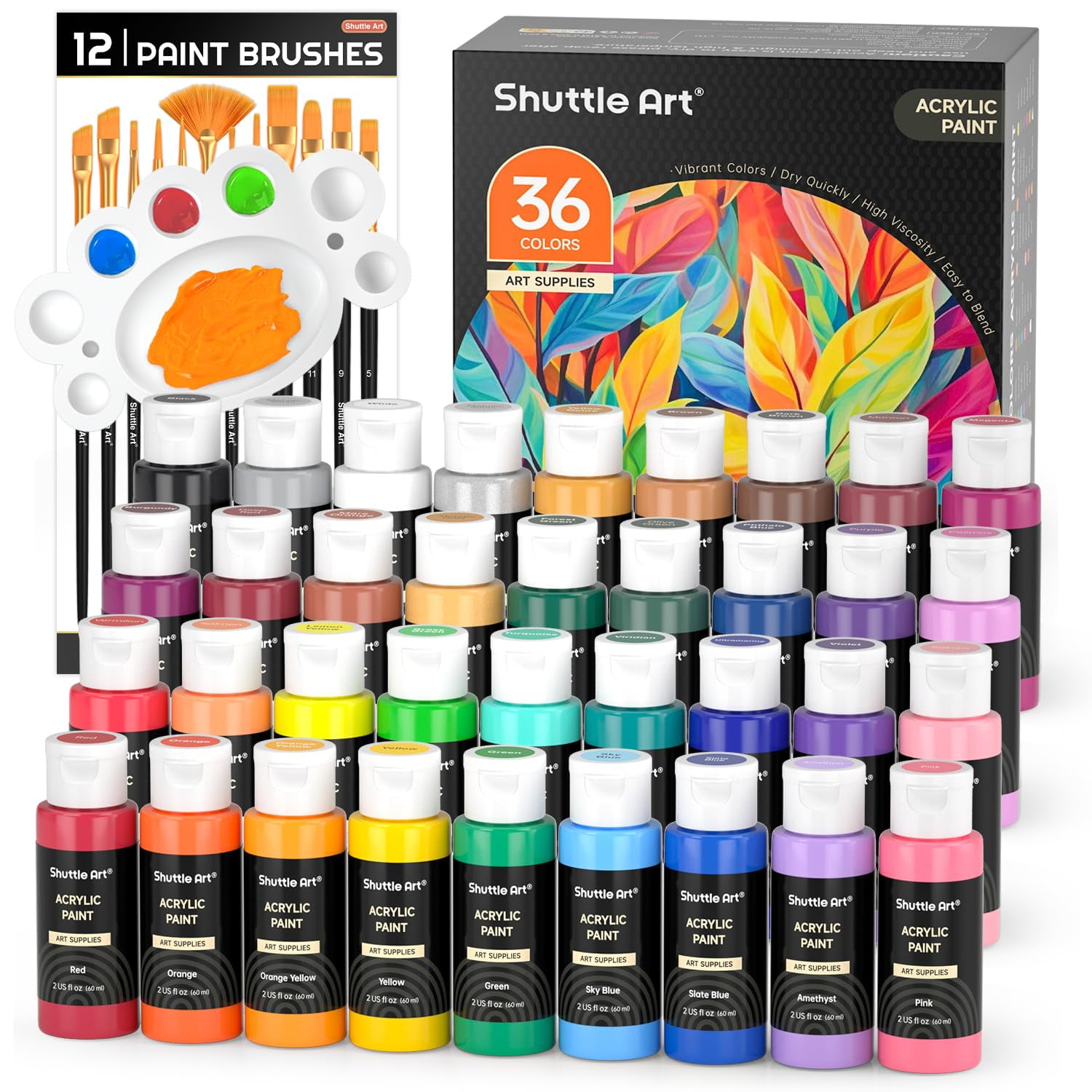 Shuttle Art - Set De Pintura Acrílica 36 Colores Con Pinceles Y Paleta