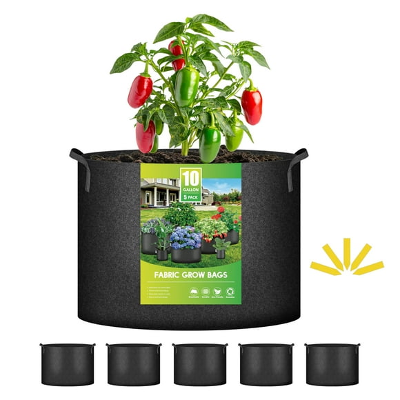 iPower - Paquete de 5 bolsas de cultivo de 10 galones, macetas de tela no tejida gruesa para aireación, resistentes y duraderas, con asas de correa para jardín, color negro.