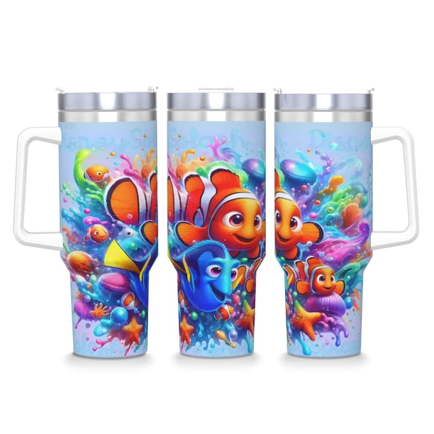 Buscando a Nemo Vaso aislado de acero inoxidable con asa, diseño temático, regalo para familia, amigos y fans; incluye pajita y encaja en el portavasos estándar, 40 oz