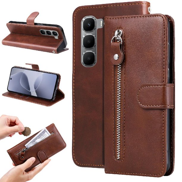 Funda tipo cartera para Infinix Hot 60i 4G con bolsillo con cremallera y ranuras para tarjetas – Función de soporte Marrón