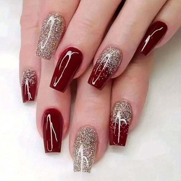 24pcs Glossy Wine Red French Tip Press On Nails - Full Cover Medium Square False Nails for Women and Girls