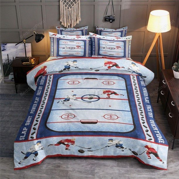 Ice Hockey Illustration For Fans Quilt Duvet Cover Set Pillowcase Queen 3-Piece Bedding Set