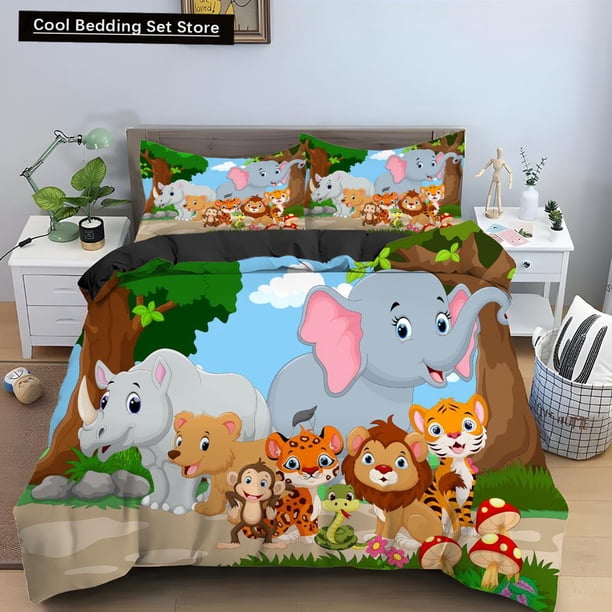 Cartoon Animal Duvet Cover Elephant Tiger Lion Rhinoceros Bedding Set Wildlife Quilt Cover Polyester Comforter Cover Bed Sheets