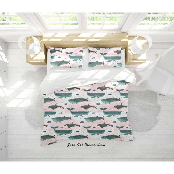 3D Dibujado a mano Dibujos animados Ballena Patrón Funda de edredón Set Ropa de Cama Set Funda Nórdica