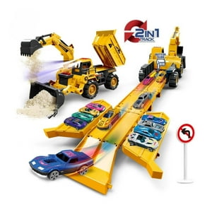 Fliperex - Retroexcavadora Porta Autitos 2 En 1 Rampa Pista Lanzamiento Amarillo
