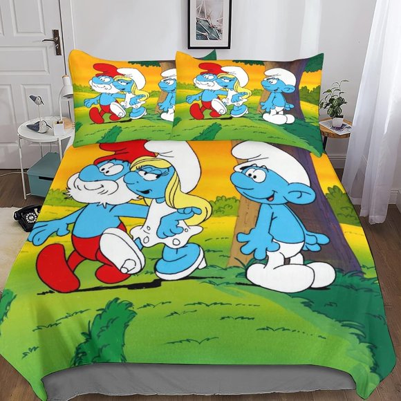The Smurfs Duvet Cover Bedding Cartoon Comforter Cover Set Girls 3 Pcs for Kids Teens 3D Bedspread Quilt Cover with Zipper Closure Soft Microfiber Double