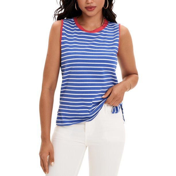 ATHLECHIC Camiseta sin mangas de regreso a clases para mujer con bloques de color a rayas, aberturas laterales, cuello redondo, verano, sin mangas, azul rojo M