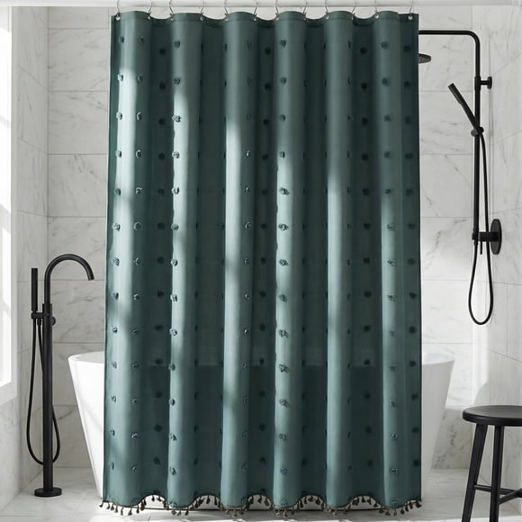 REGALWOVEN Conjunto de Cortinas de Ducha con Textura Geométrica 3D y Borlas para Decoración de Baño Verde 72"W x 72"L