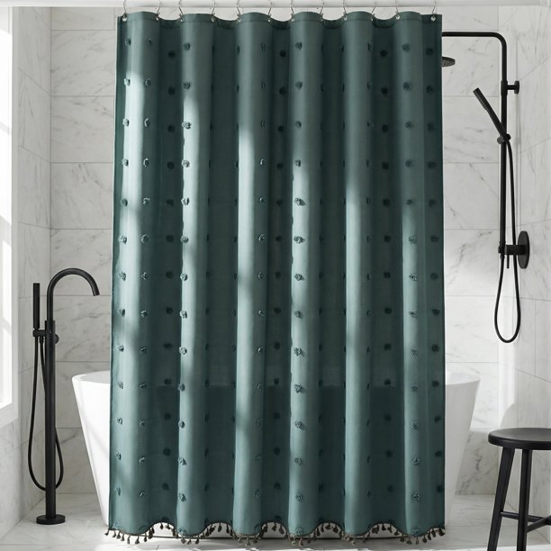 REGALWOVEN Conjunto de Cortinas de Ducha con Textura Geométrica 3D y Borlas para Decoración de Baño Verde 72"W x 72"L