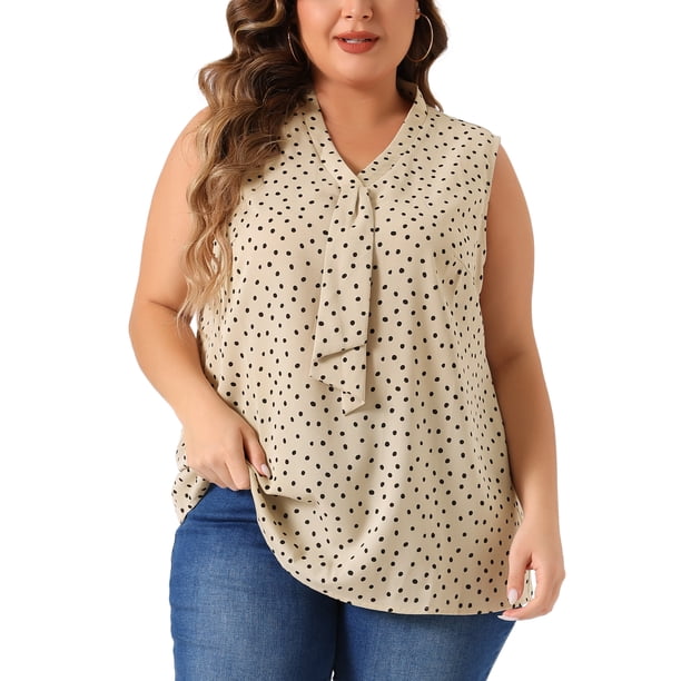 Agnes Orinda Blusas Clásicas Sin Mangas con Cuello en V y Lazo de Lunares para Mujer Talla Grande 5X Caqui Claro