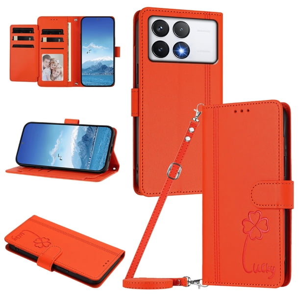 Funda Cartera Trébol para Xiaomi Poco F6 Pro con Ranuras Tarjetas y Carga Inalámbrica Naranja