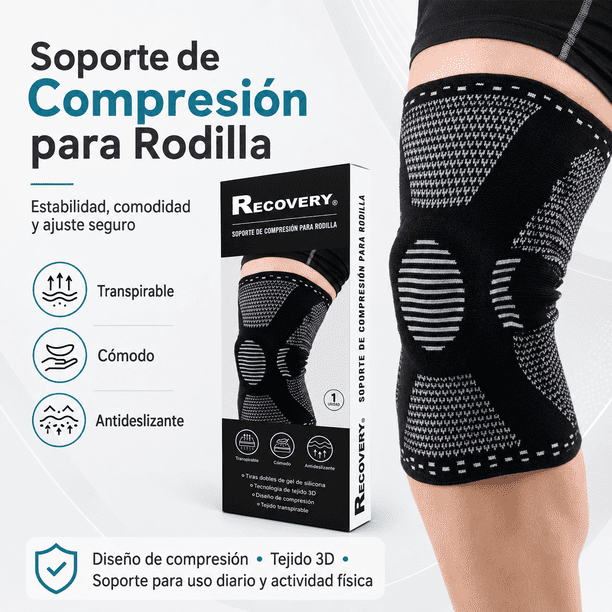 Rodillera Deportiva de comprension Con Soportes Laterales y frontal, Gym, Crossfit - TALLA XL - GRIS Recovery