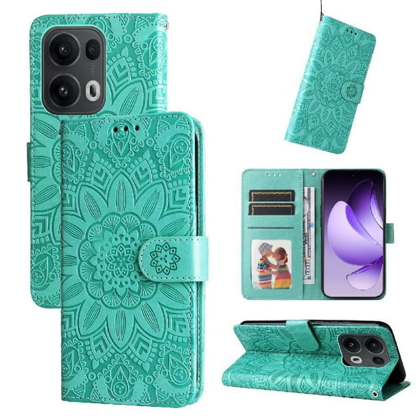 Funda tipo cartera FOXDOCK para OPPO Reno 14 Pro 5G , diseño girasol en relieve, cuero PU, cierre magnético, soporte y tarjetero