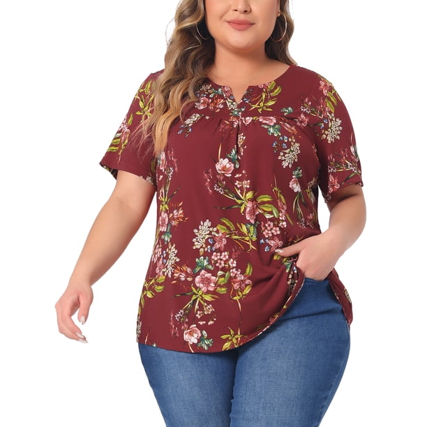 Agnes Orinda Blusa de Mujer Talla Grande Cuello en V Estampado Floral Manga Corta Top Casual Blusas Tops 1X Rojo