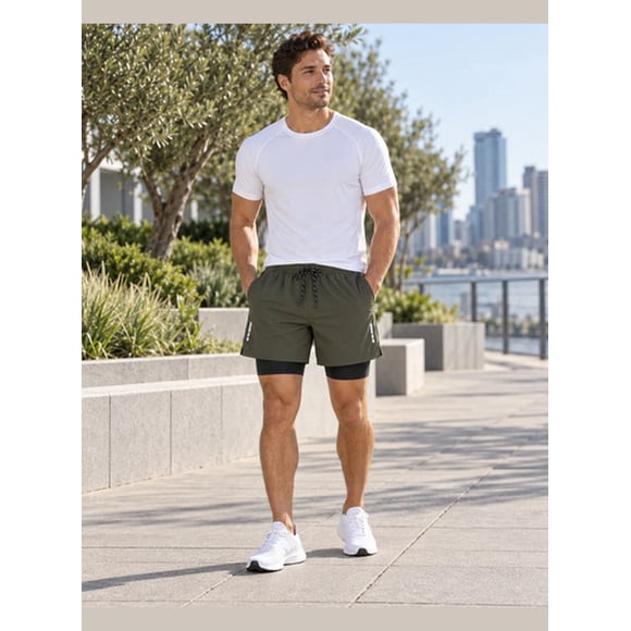 Short Deportivo Running Hombre 2 En 1 Con Calza Interior Verde militar