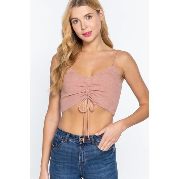 Top Corto de Punto con Tirantes Finos y Detalle Fruncido en la Parte Delantera, Licencia de Marca Global, Rosa Jaspeado, Talla M