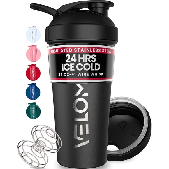 VELOMIX Botella mezcladora de acero inoxidable de 24 oz con batidor de alambre