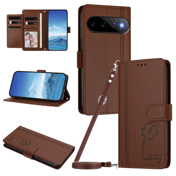 Funda Cartera Trébol para Google Pixel 11 con Ranuras Tarjetas y Carga Inalámbrica Marrón