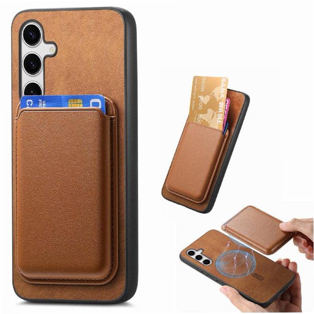 Funda de Cuero Magnética con Tarjetero para Samsung Galaxy S25 Plus Cubierta Delgada Marrón
