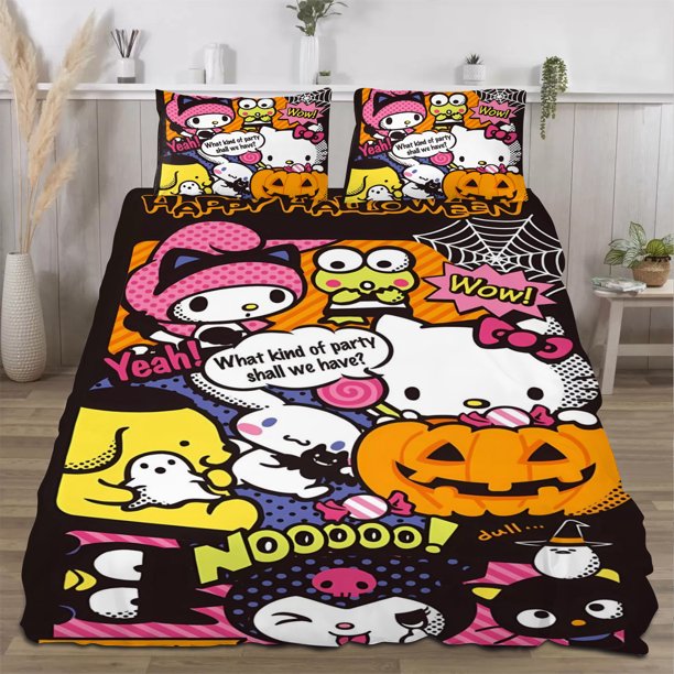 Halloween Hello_Kitty_ Quilt Set FullSoft Lightweight Quilts Quilted Bedspreads3 Pieces Set Queen SizeColorful Cartoon Print All Season 173*218CM