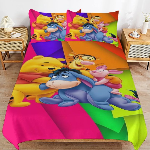Winnie The Pooh Bed Duvet Cover Microfiber Bedding Sets 3D Printed Lightweight 3 Piece Comforter Sets for Kids Boys Girls