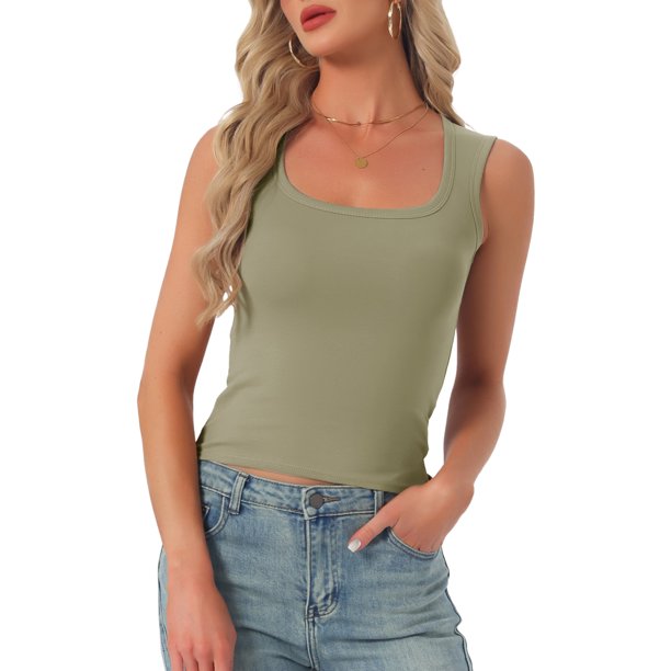 INSPIRE CHIC Camiseta sin mangas de algodón para mujer con cuello redondo ajustado y tirantes anchos L Verde